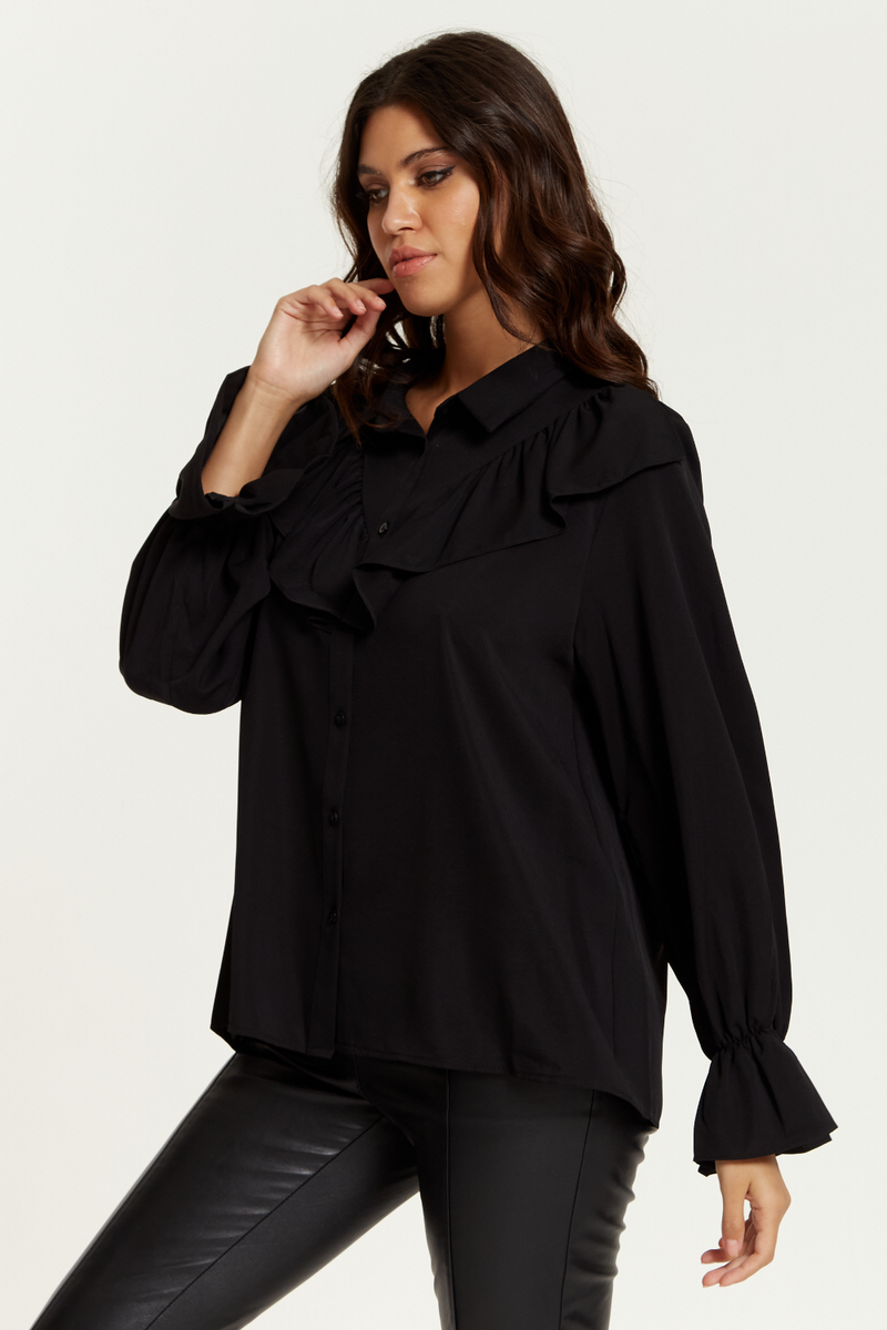 Ruffle Detailed Front with Ruffle Sleeves Shirt in Black