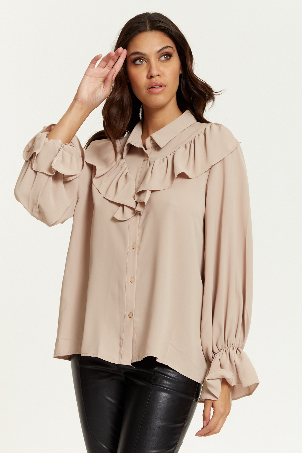 Oversized Frilled Front Shirt with Detailed Cuffs in Beige