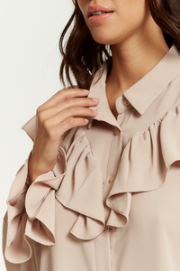 Oversized Frilled Front Shirt with Detailed Cuffs in Beige