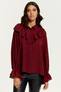 Oversized Frilled Front Shirt with Detailed Cuffs in Burgundy