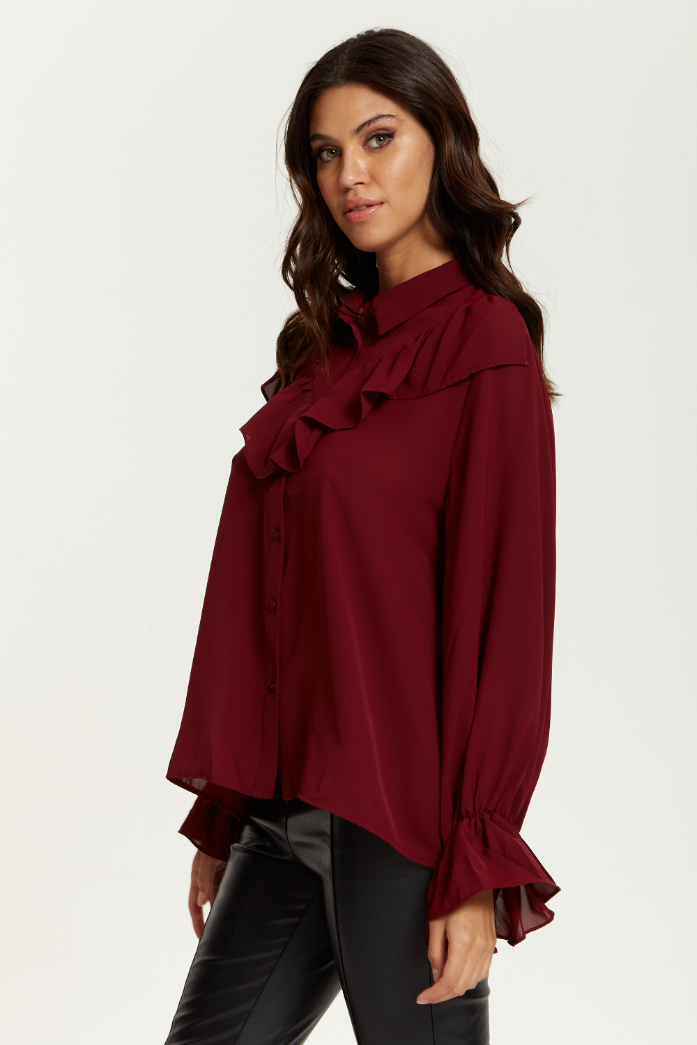 Oversized Frilled Front Shirt with Detailed Cuffs in Burgundy