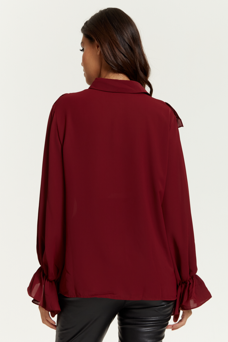 Oversized Frilled Front Shirt with Detailed Cuffs in Burgundy