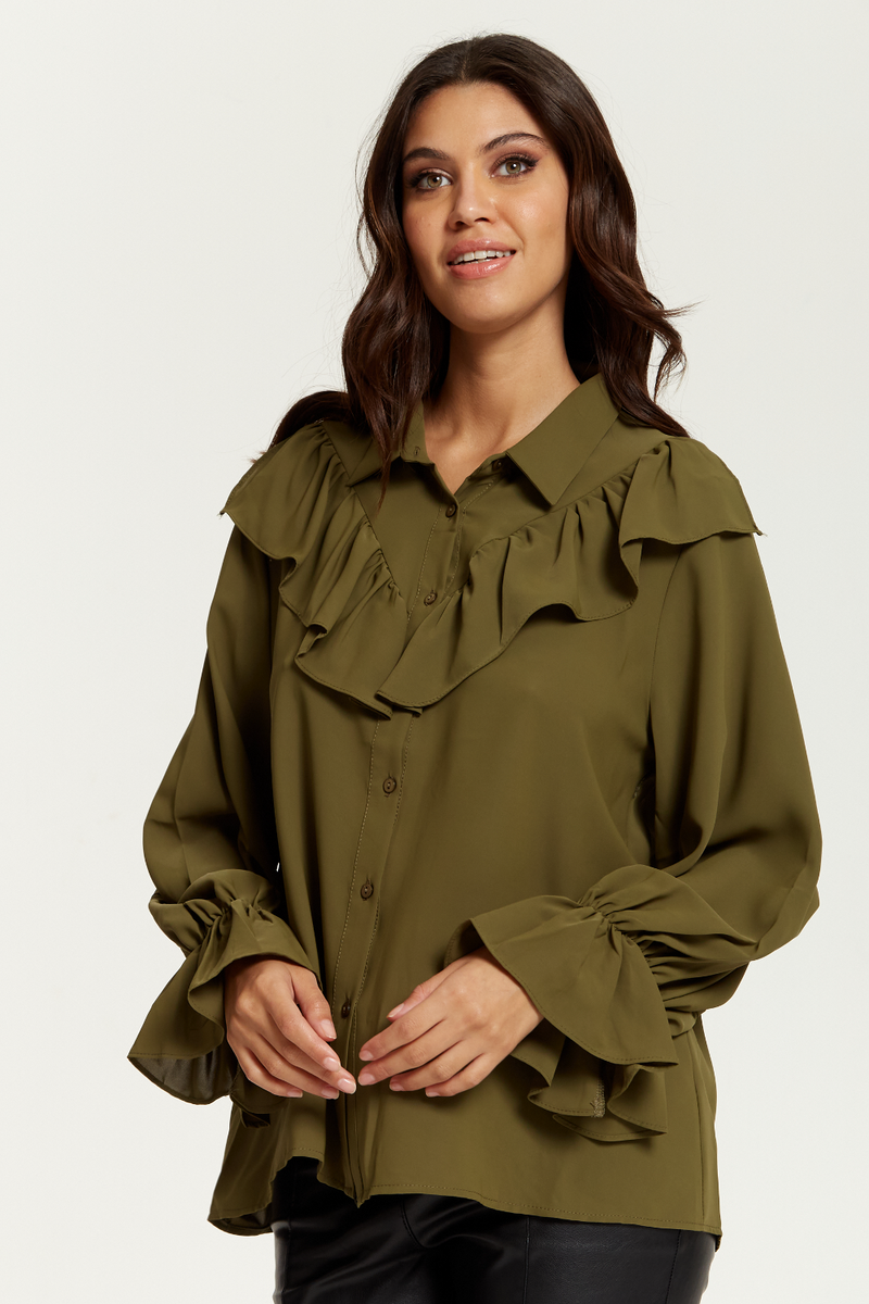 Ruffle Detailed Front with Ruffle Sleeves Shirt in Khaki
