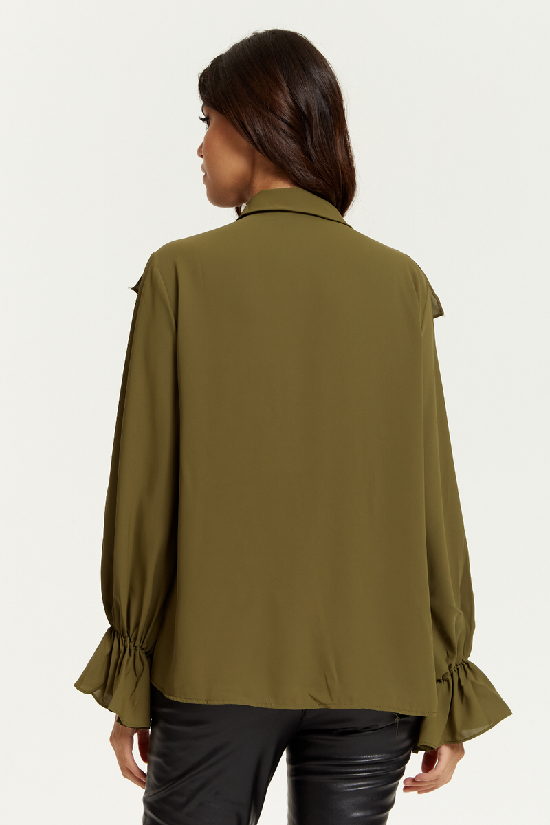 Ruffle Detailed Front with Ruffle Sleeves Shirt in Khaki