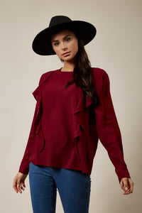 Oversized Top Ruffle Front Details In Burgundy