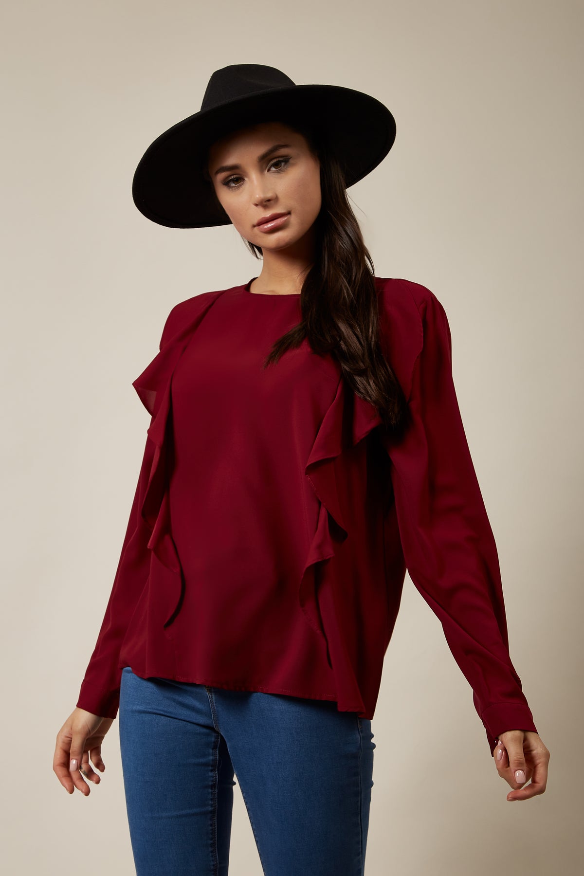Oversized Top Ruffle Front Details In Burgundy
