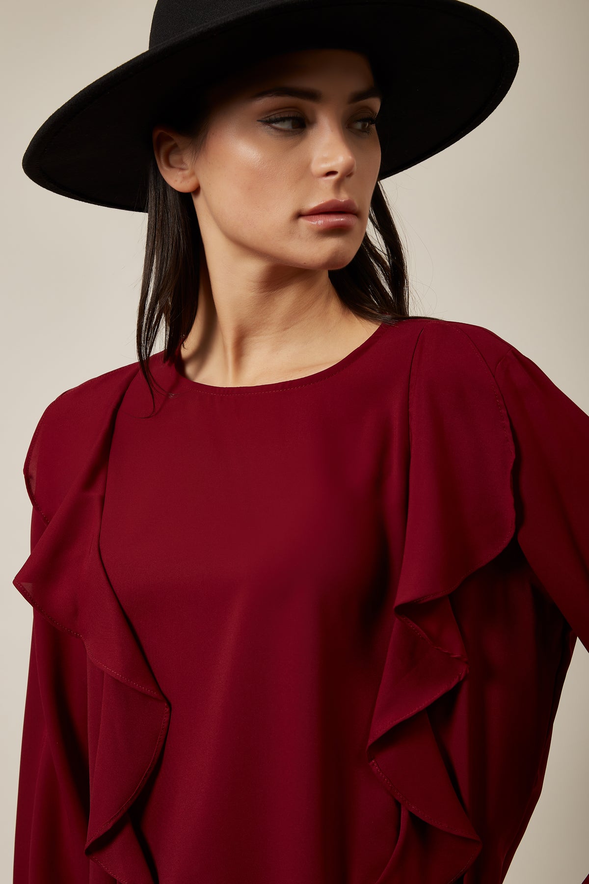 Oversized Top Ruffle Front Details In Burgundy