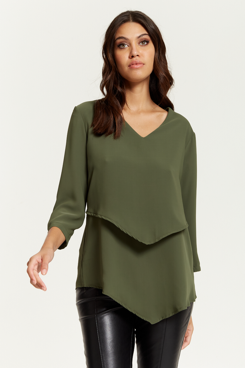 3/4 Sleeves V Neck Layered Relaxed Fit Top in Khaki