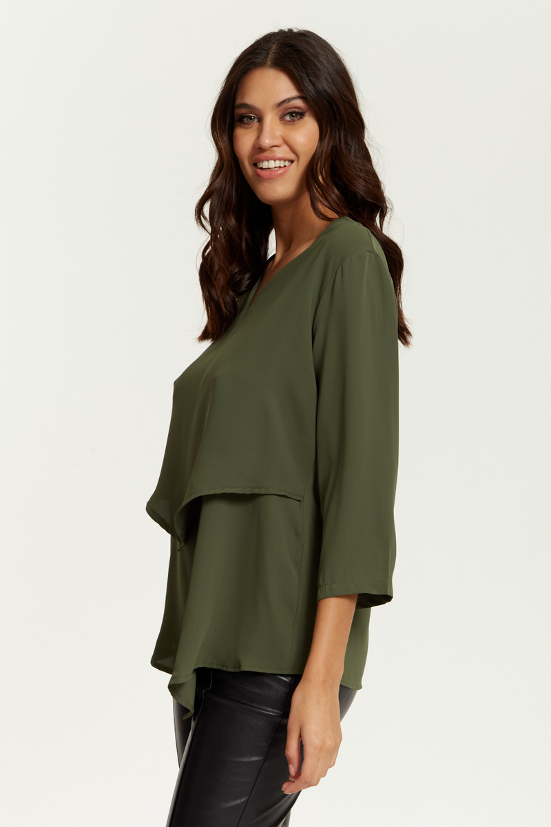 3/4 Sleeves V Neck Layered Relaxed Fit Top in Khaki