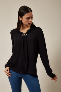 Oversized Long Sleeve Top with Frilled Front in Black