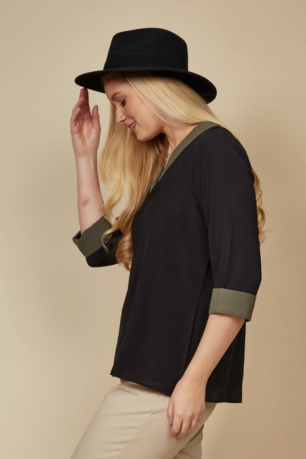 3/4 Sleeves V Neck Top with Khaki Lines in Black