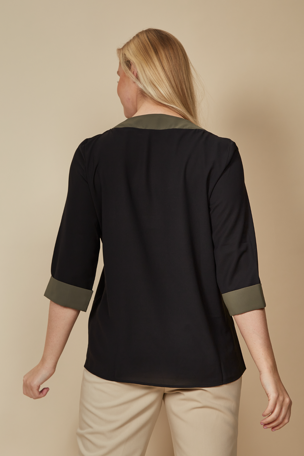 3/4 Sleeves V Neck Top with Khaki Lines in Black