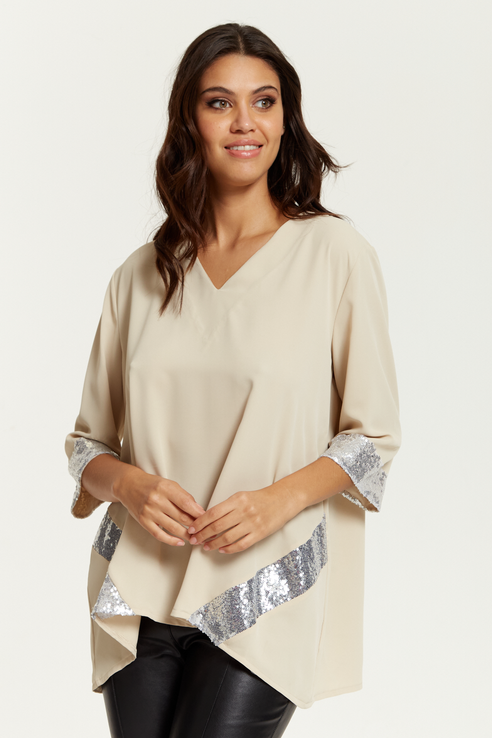 Oversized V Neck Sequin Detailed Satin Top with 3/4 Sleeves in Beige