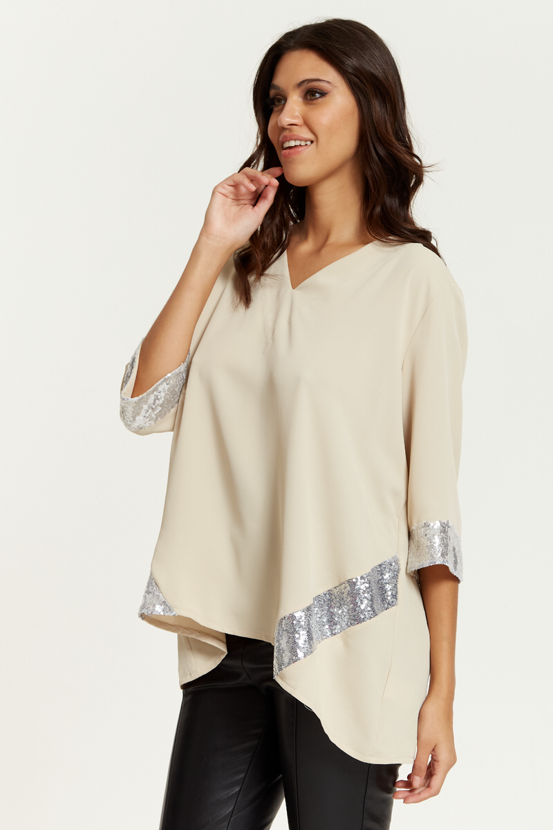 Oversized V Neck Sequin Detailed Satin Top with 3/4 Sleeves in Beige