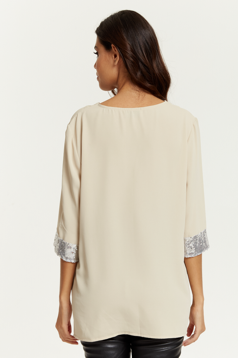 Oversized V Neck Sequin Detailed Satin Top with 3/4 Sleeves in Beige