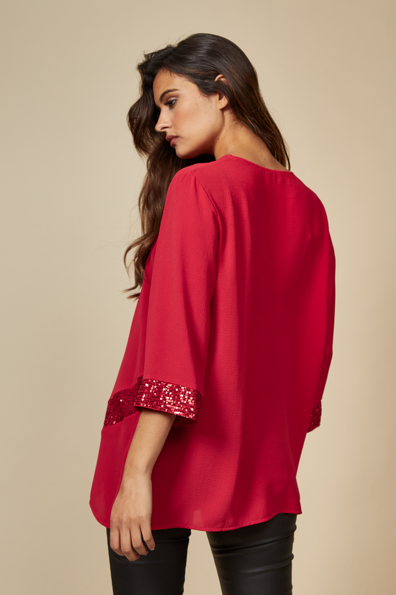 Oversized Sequin Detail Top in Red