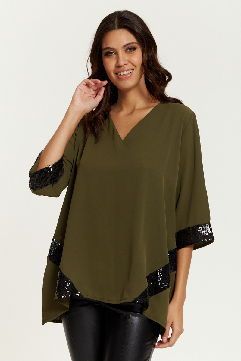 Oversized V Neck Sequin Detailed Satin Top with 3/4 Sleeves in Khaki
