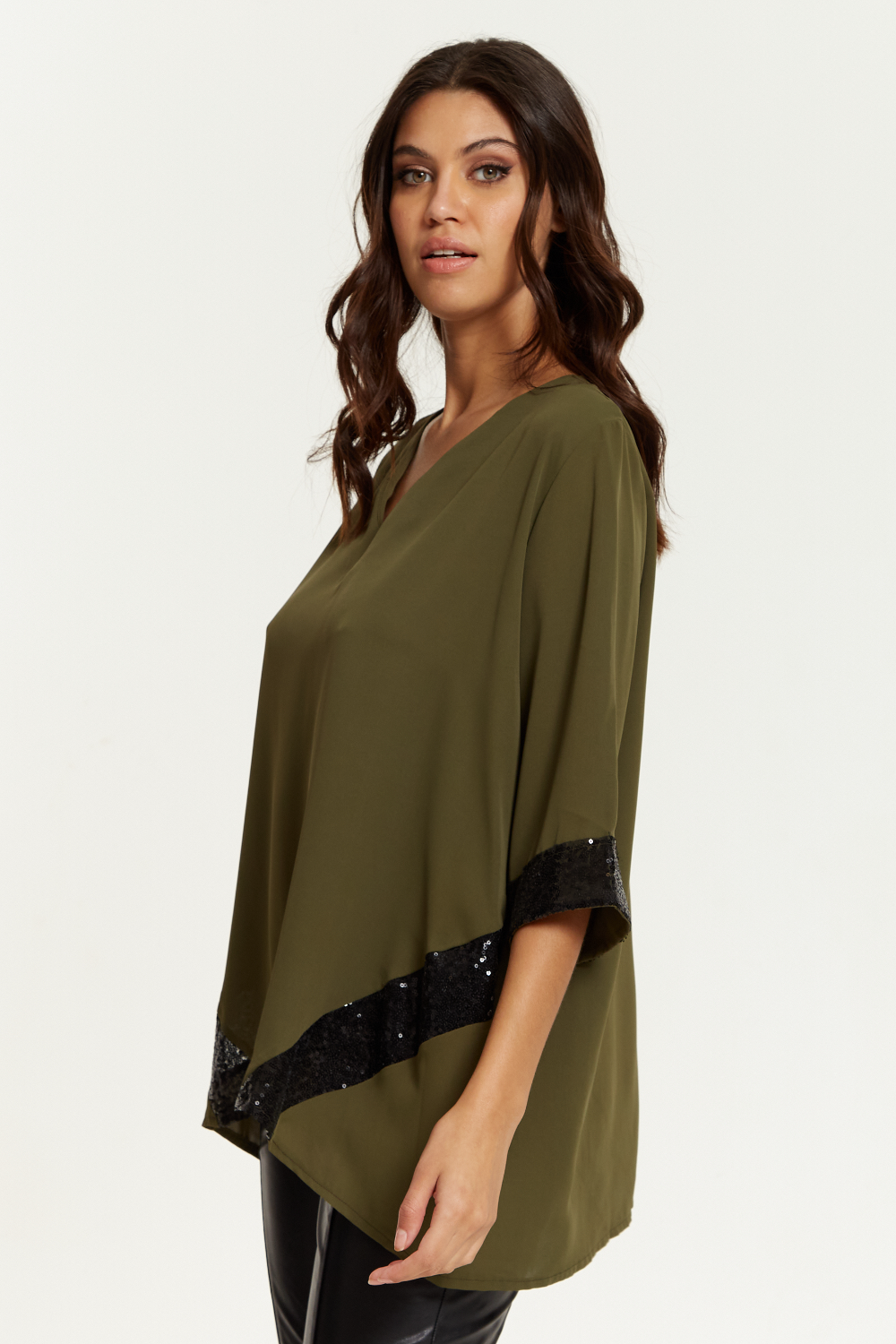 Oversized V Neck Sequin Detailed Satin Top with 3/4 Sleeves in Khaki