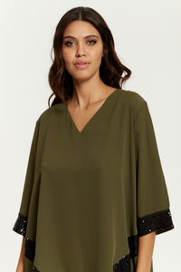 Oversized V Neck Sequin Detailed Satin Top with 3/4 Sleeves in Khaki