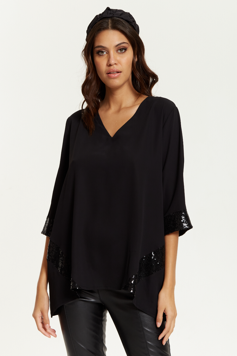 Oversized V Neck Sequin Detailed Satin Top with 3/4 Sleeves in Black
