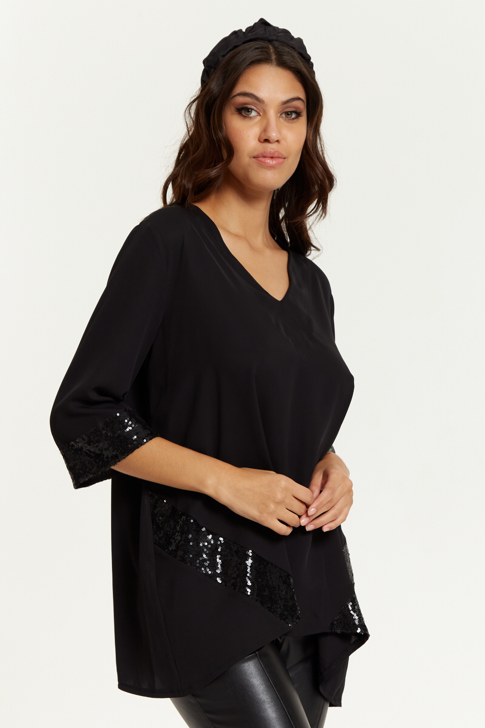 Oversized V Neck Sequin Detailed Satin Top with 3/4 Sleeves in Black