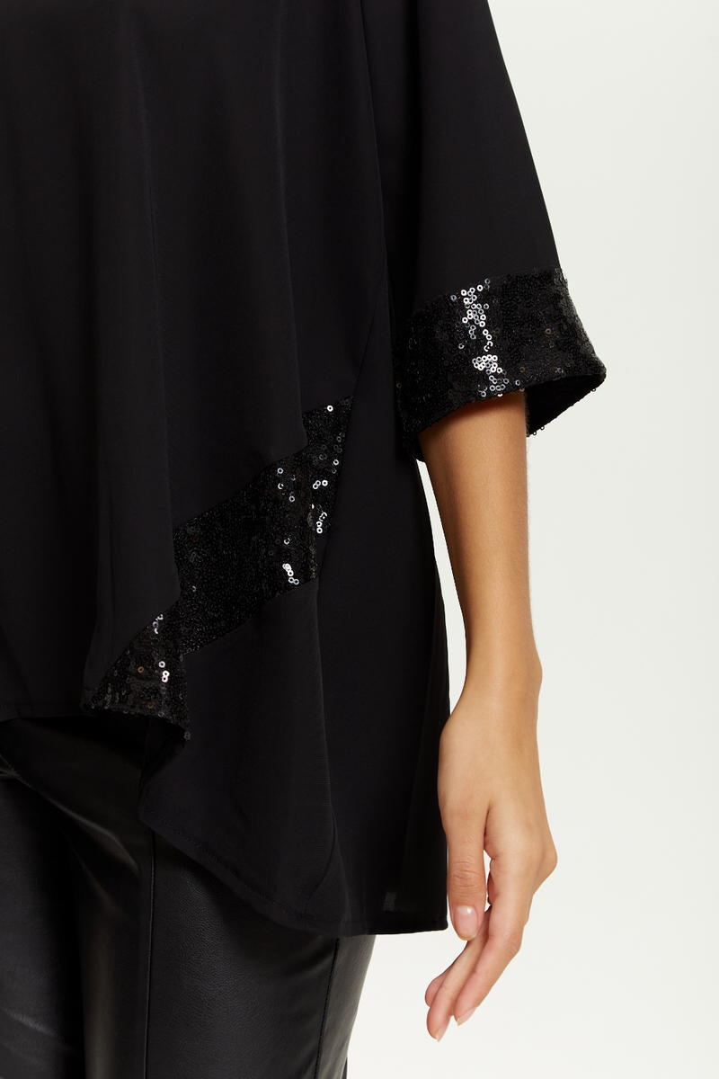 Oversized V Neck Sequin Detailed Satin Top with 3/4 Sleeves in Black