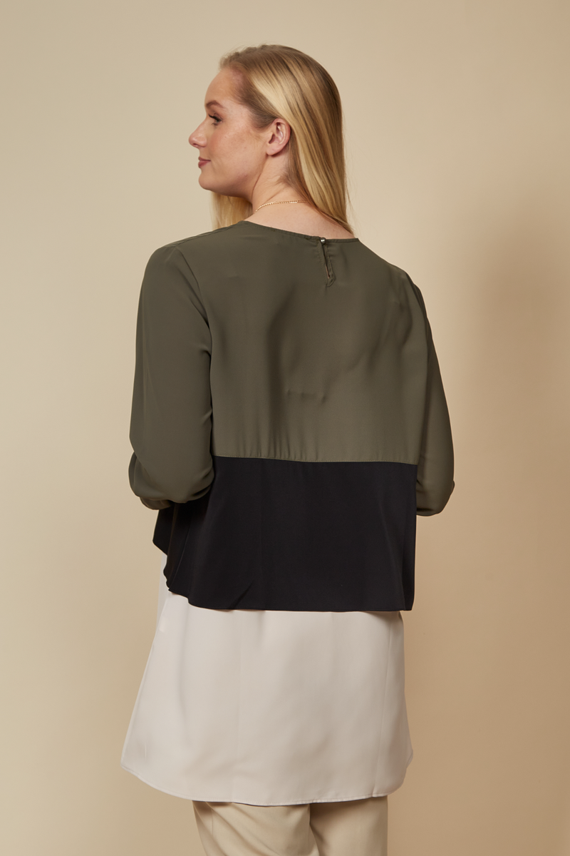 Oversized Colour Block Top in Khaki, Black and White