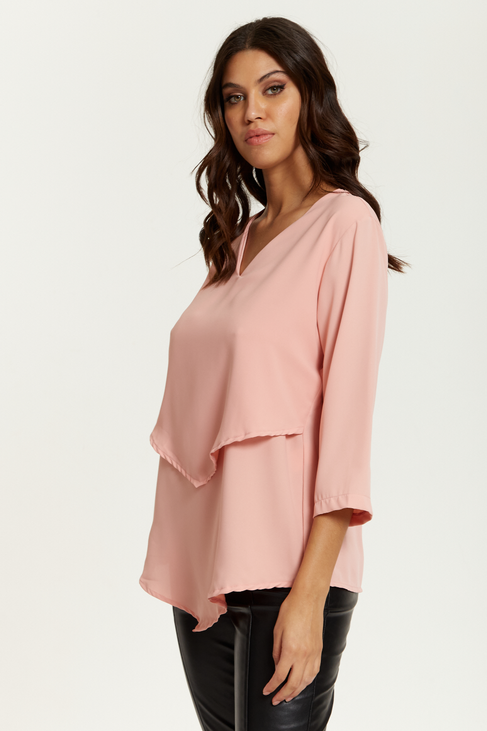 3/4 Sleeves V Neck Layered Relaxed Fit Top in Pink