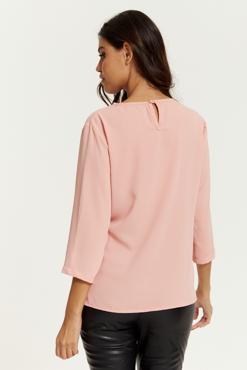 3/4 Sleeves V Neck Layered Relaxed Fit Top in Pink