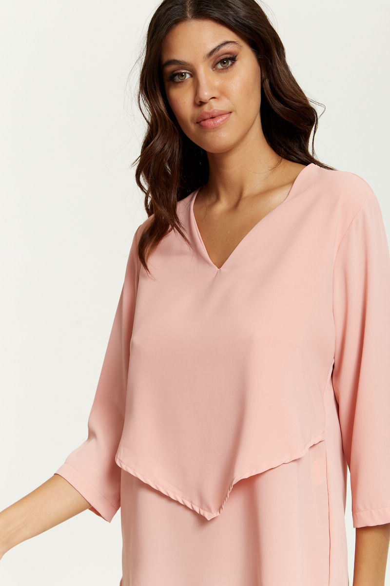 3/4 Sleeves V Neck Layered Relaxed Fit Top in Pink