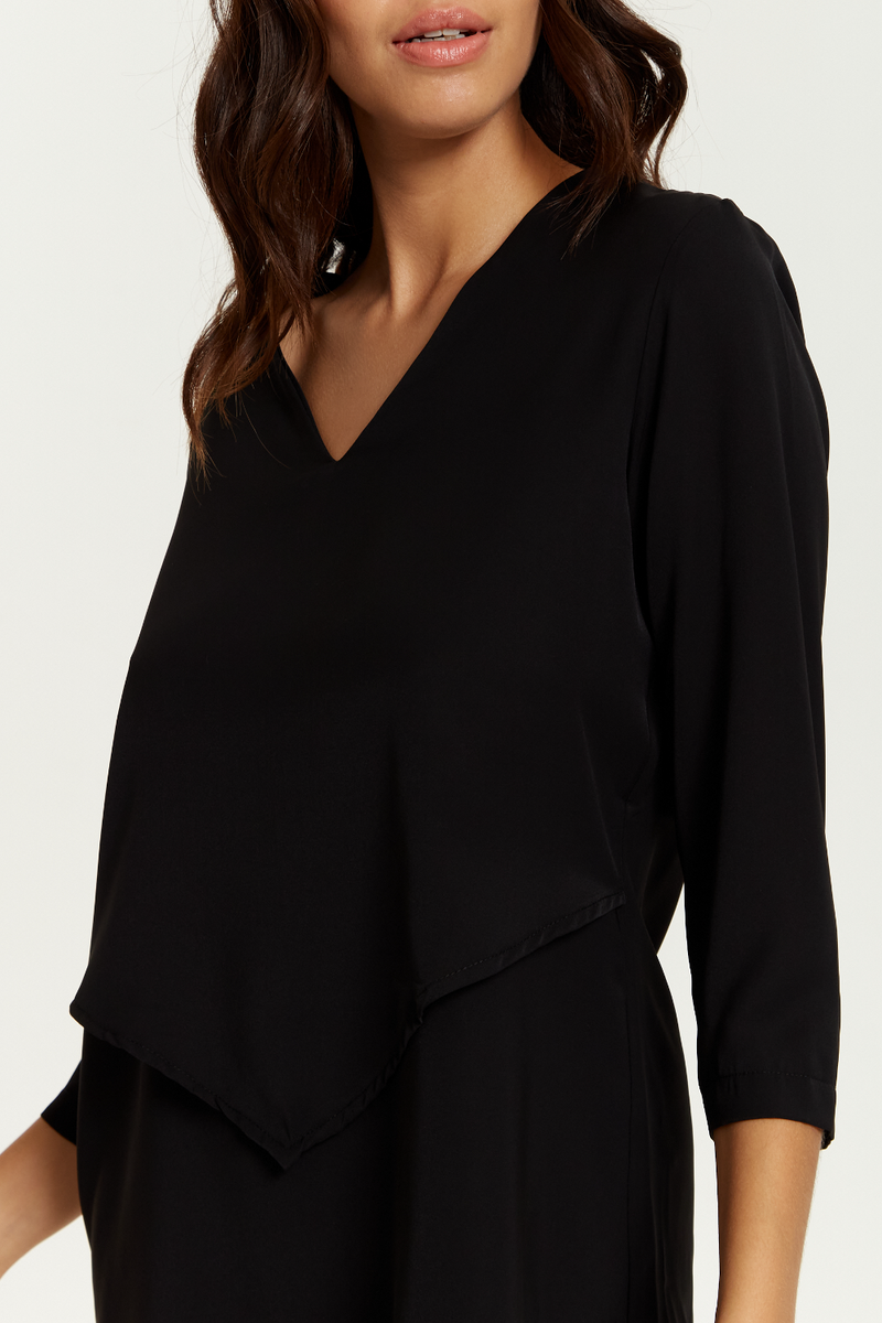 3/4 Sleeves V Neck Layered Relaxed Fit Top in Black
