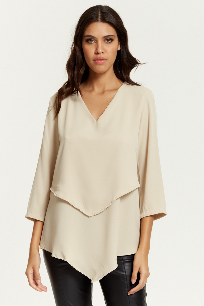 3/4 Sleeves V Neck Layered Relaxed Fit Top in Beige