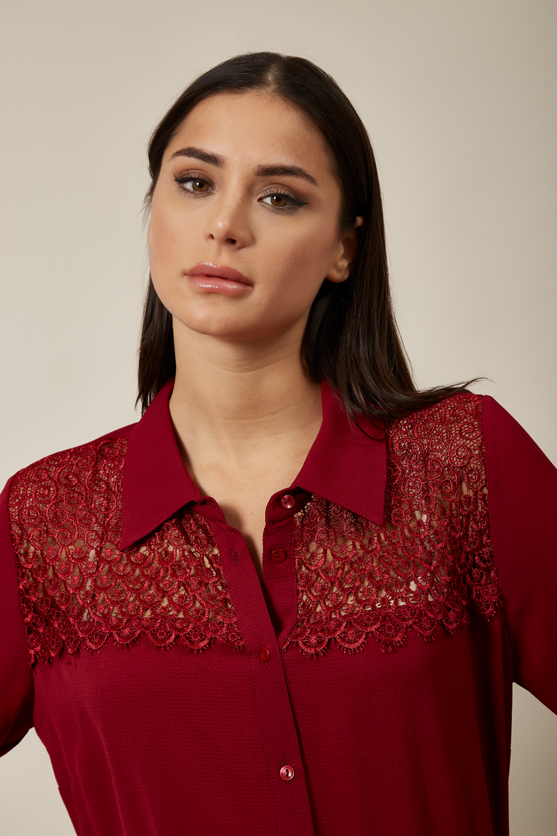 Oversized Shirt with Lace Detail In Burgundy