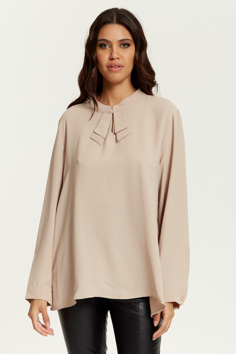 Oversized Detailed Neck Crepe Top with Long Sleeves in Beige