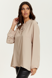 Oversized Detailed Neck Crepe Top with Long Sleeves in Beige