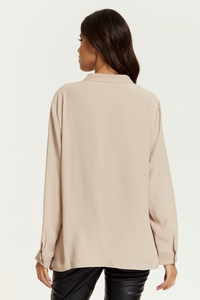 Oversized Detailed Neck Crepe Top with Long Sleeves in Beige