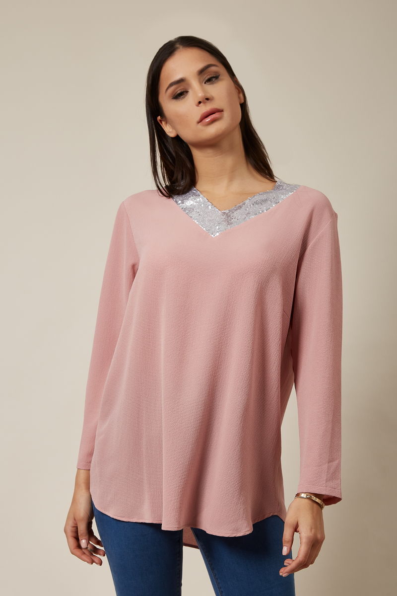 Oversized Top With Sequin Collar Details In Pink
