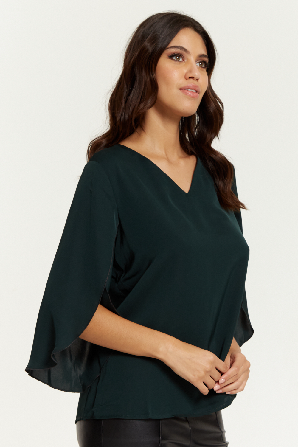 Oversized V Neck Top with Split Sleeves in Bottle Green