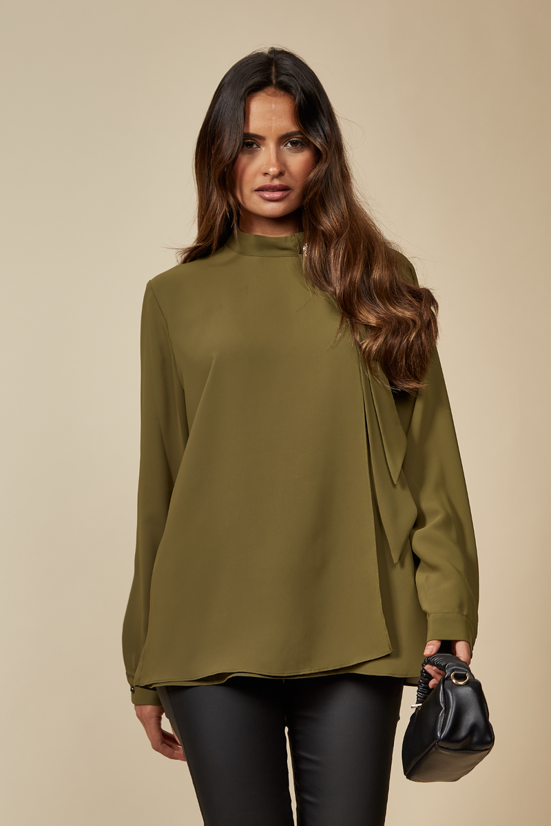 Oversized High Neck Top with Brooch Details in Khaki