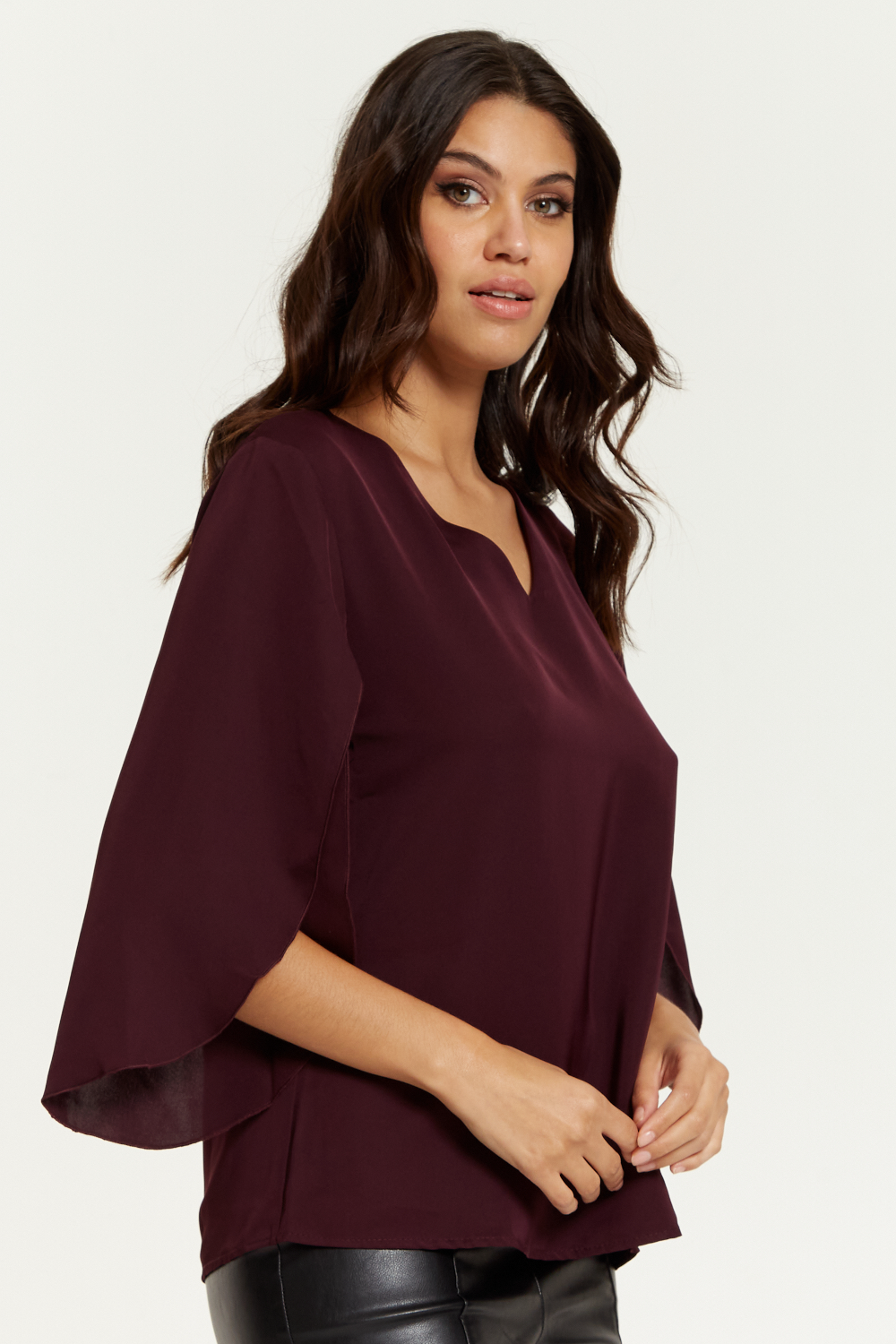 Oversized V Neck Top with Split Sleeves in Burgundy