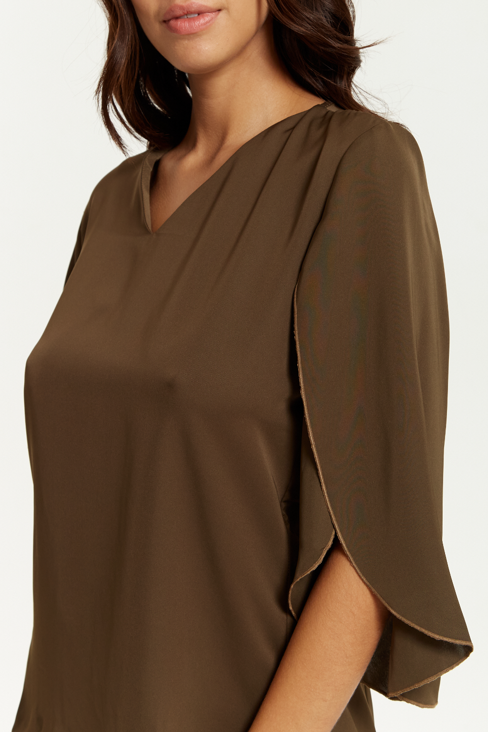 Oversized V Neck Top with Split Sleeves in Khaki
