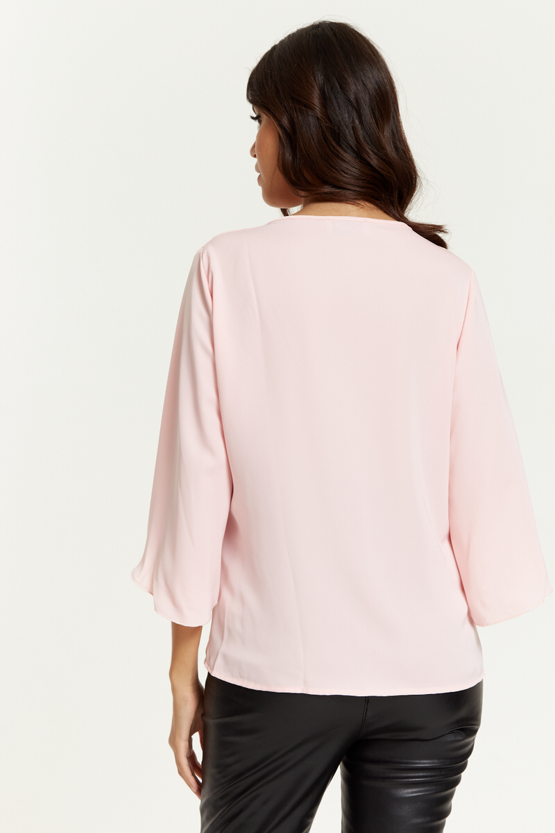Oversized V Neck Top with Split Sleeves in Pink