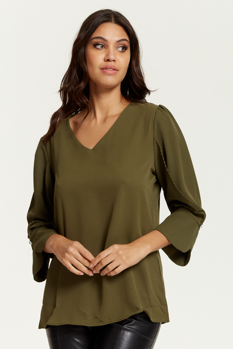 Long Sleeves Detailed Cuff Blouse with V Neck in Khaki