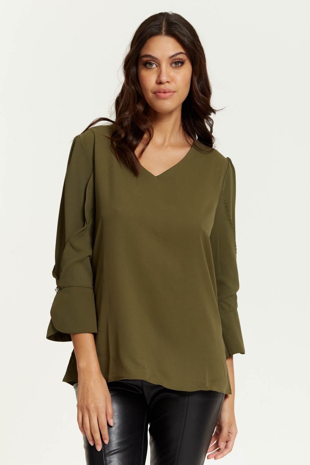 Long Sleeves Detailed Cuff Blouse with V Neck in Khaki