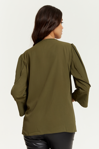 Long Sleeves Detailed Cuff Blouse with V Neck in Khaki