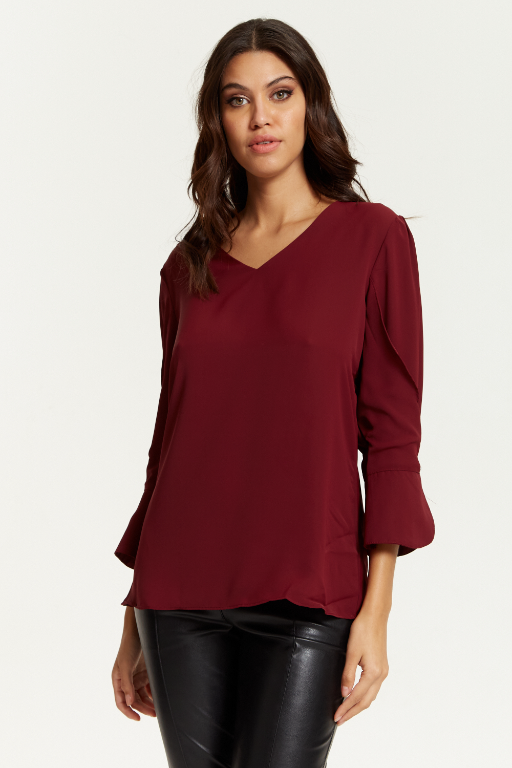 Long Sleeves Detailed Cuff Blouse with V Neck in Burgundy