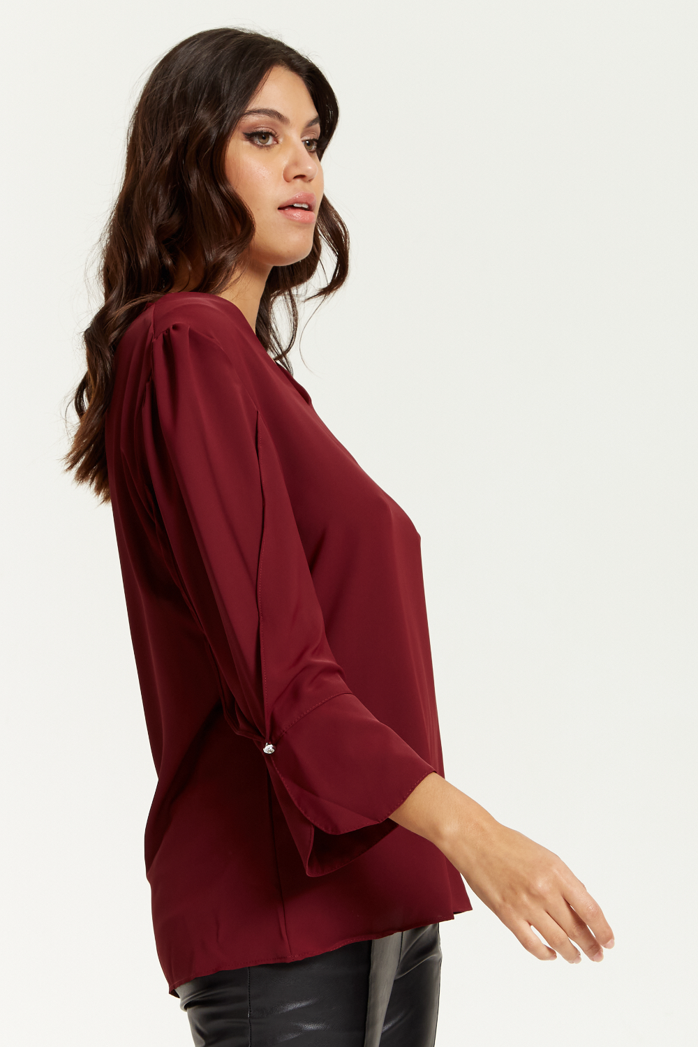Long Sleeves Detailed Cuff Blouse with V Neck in Burgundy