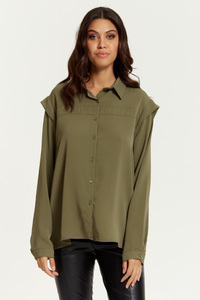 Oversized Shoulder Detailed Long Sleeves Shirt in Khaki