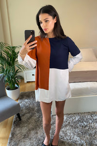 Oversized Colour Block Top in Brown, Navy Blue and White