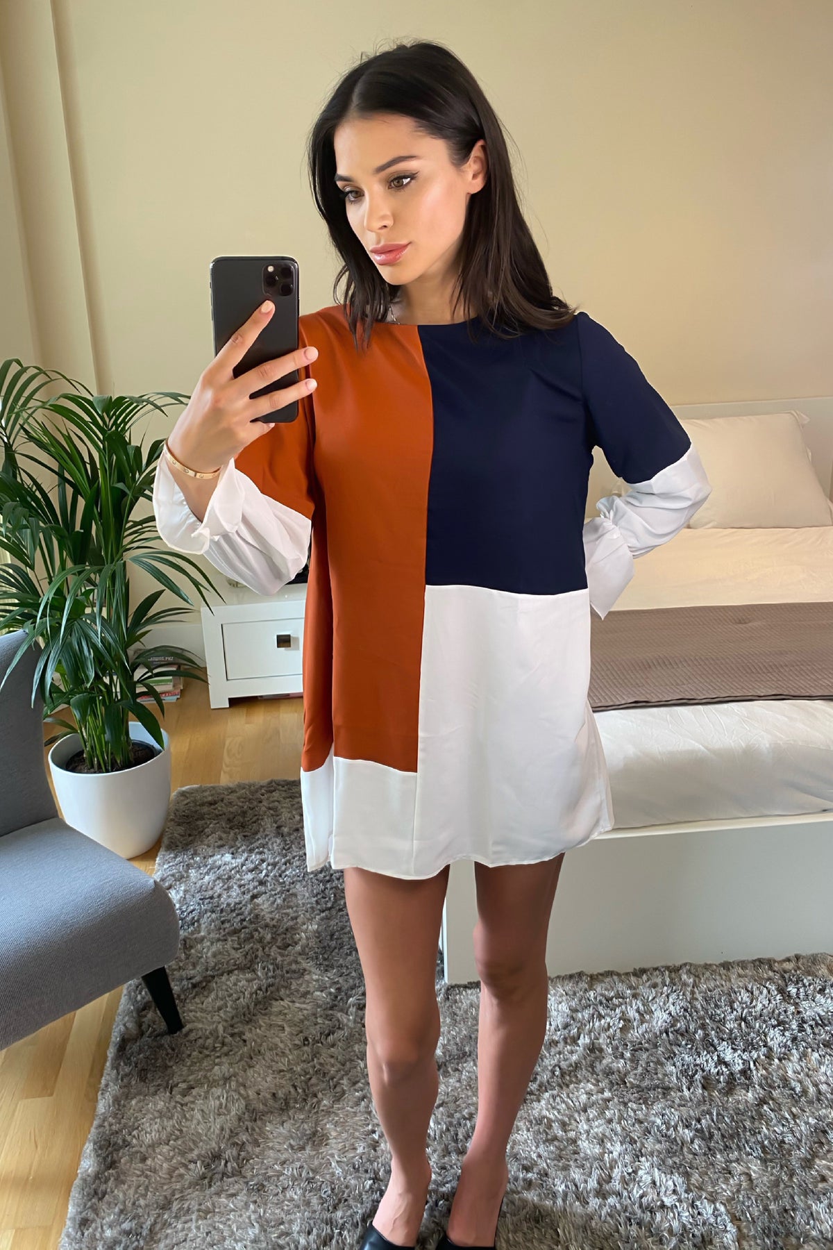 Oversized Colour Block Top in Brown, Navy Blue and White
